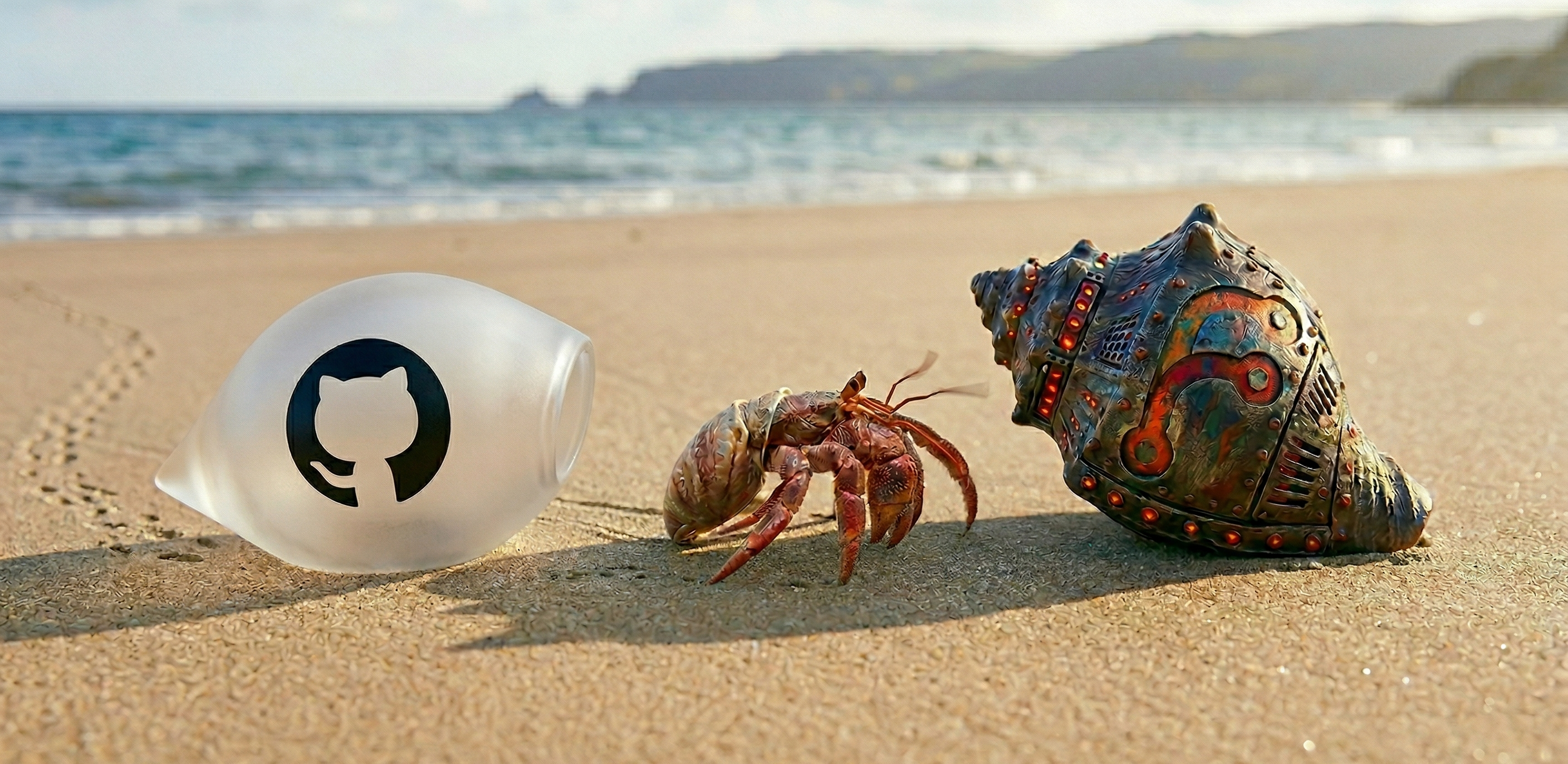 A hermit crab moving from a corporate shell into a hand-forged metal one